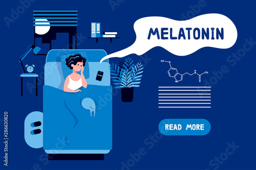 Sleepy woman trying to fall asleep. Stress, depression, nightmares. Tired face. Sleeplessness concept. Flat vector illustration. Melatonin landing page template and formula.