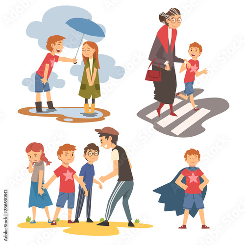 Boy Defending Little Kids, Helping Old Senior Woman to Cross Road, Polite, Brave Kids Set, Good Manners Vector Illustration