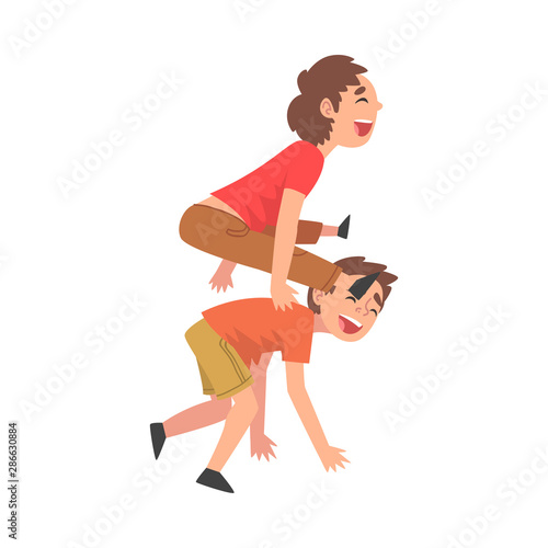 Happy Boys Playing Together, Naughty Kids Having Fun, Fighting Children, Bad Child Behavior Vector Illustration