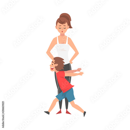 Mother and Her Mischievous Son, Naughty, Rowdy Boy, Bad Child Behavior Vector Illustration