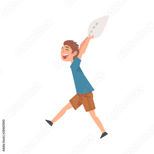 Happy Boy Fighting with Pillow, Naughty, Rowdy Kid, Bad Child Behavior Vector Illustration