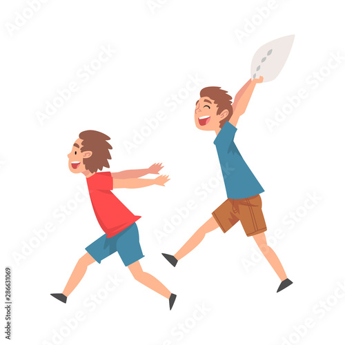Happy Boys Fighting with Pillow, Naughty, Rowdy Children, Bad Child Behavior Vector Illustration