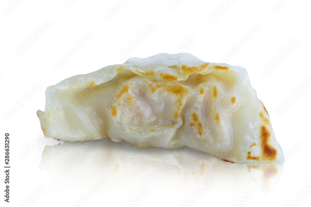 Dumpling pot stickers chinese style Shrimp Juicy fried gyoza isolated on white background. This has clipping path. Dumpling pot stickers chinese style Shrimp Juicy fried gyoza isolated on white background. This has clipping path.