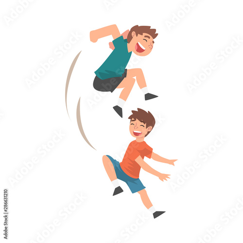 Happy Boys Playing Together, Naughty Kids, Bad Child Behavior Vector Illustration