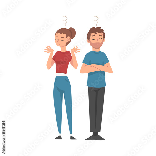 Young Woman and Man Meditating, Calm and Relaxing Parents Vector Illustration