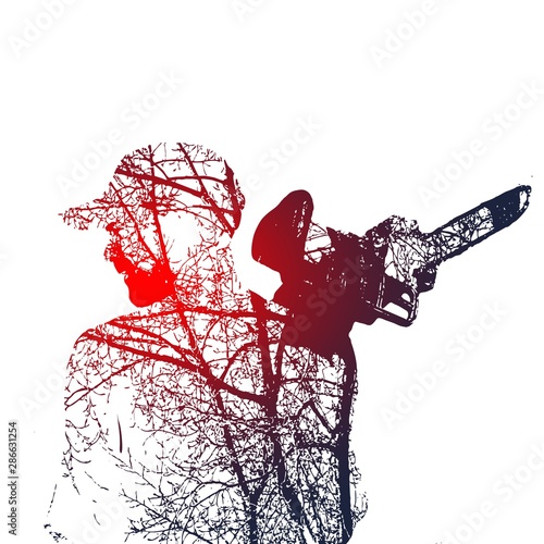 Double exposure of bearded brutal man with chainsaw. Tree branch on body.
