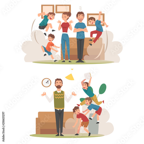 Meditating Parents and Mischievous Children Set, Kids Having Fun at Home, Naughty, Rowdy Children, Bad Child Behavior Vector Illustration