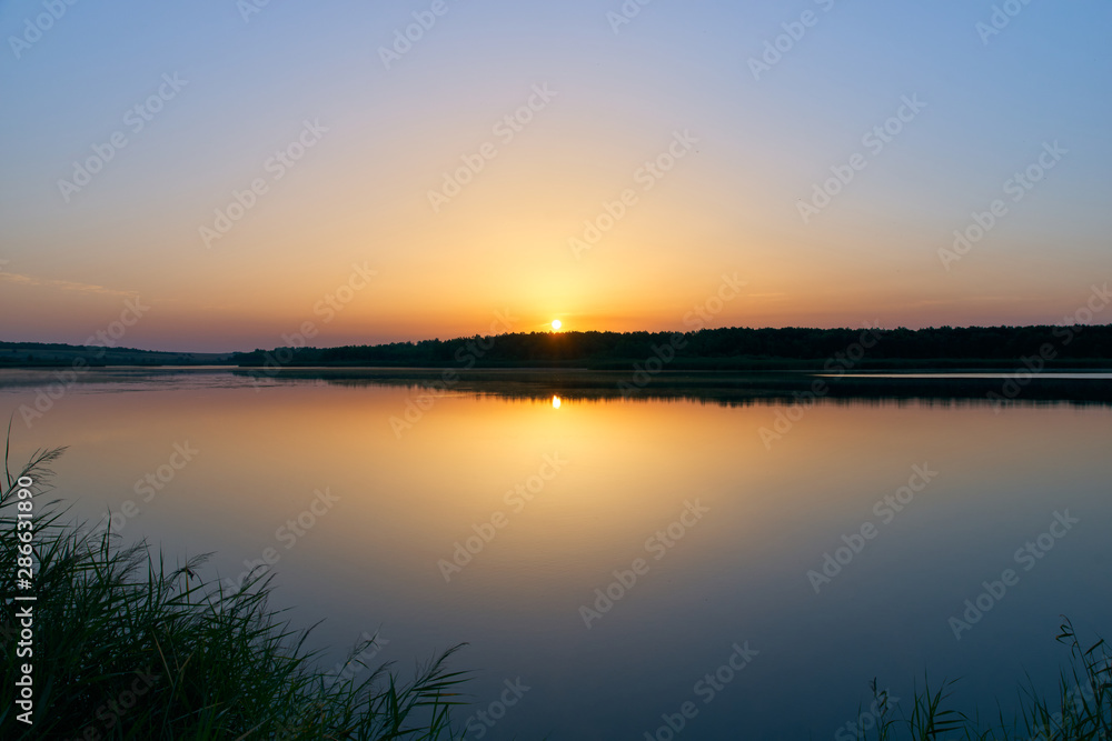 Summer landscape near river in central Russia. The banks of the river with tall grass, bushes and remote forest against setting sun and clear transparent sky. Warm evening sun sets behind the horizon.