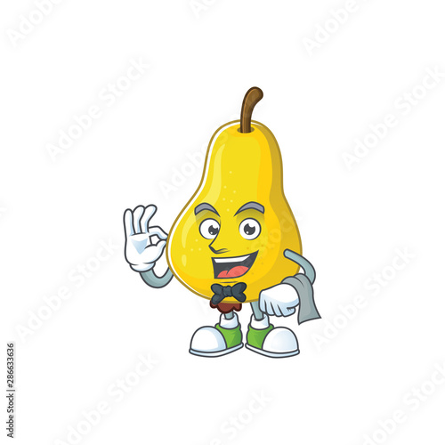 Waiter yellow pear cartoon character on white background