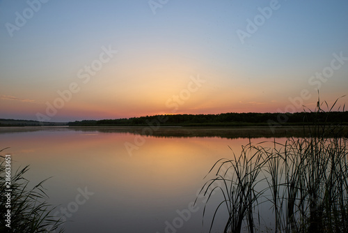 Beautiful morning landscape of shores of lake 