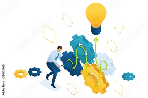 Entrepreneur develops a business idea twists gears. Concept of creating a business idea. 3d isometric Concept for web design
