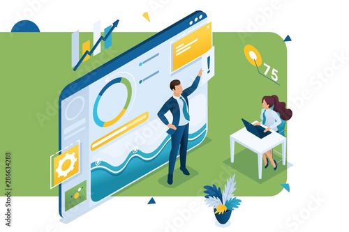 Young entrepreneurs are working on data analysis. Concept work with graph Research. 3d isometric Concept for web design