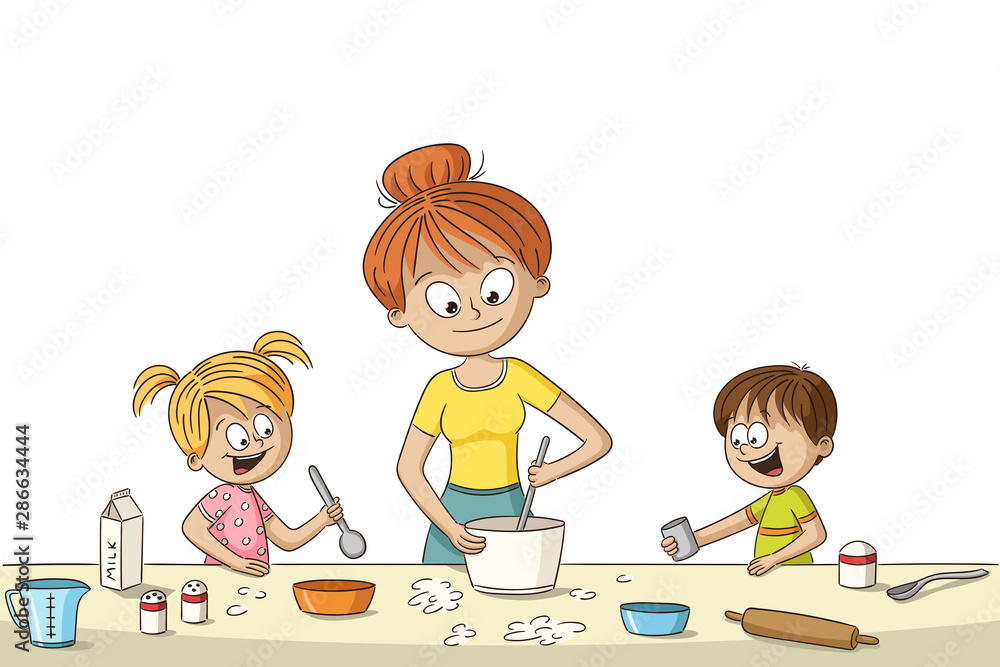 Mother and kids are cooking. Funny cartoon hand drawn character.