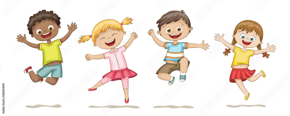 Happy jumping kids. Funny cartoon hand drawn character. Stock
