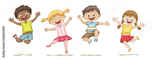 Happy jumping kids. Funny cartoon hand drawn character.