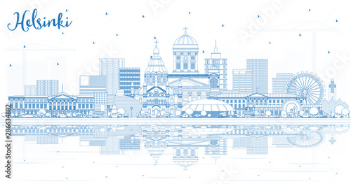 Outline Helsinki Finland City Skyline with Blue Buildings and Reflections.