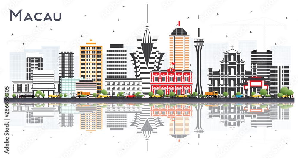 Macau China City Skyline with Gray Buildings and Reflections Isolated on White.