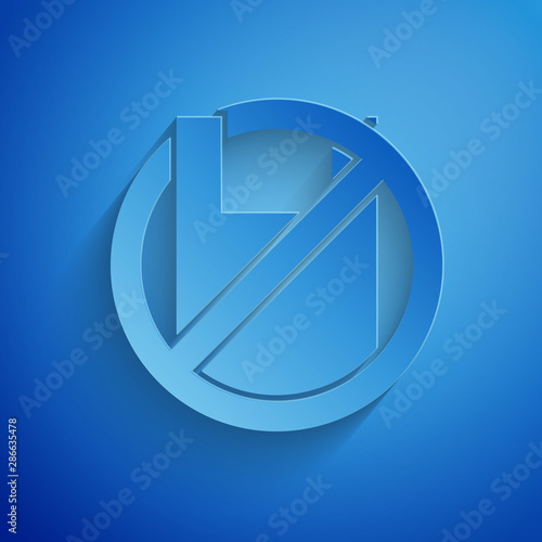 Paper cut Say no to plastic bags poster icon isolated on blue background. Disposable cellophane and polythene package prohibition sign. Paper art style. Vector Illustration