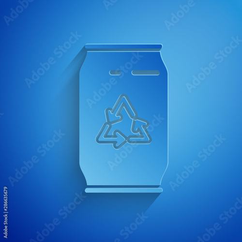 Paper cut Can with recycle symbol and can icon isolated on blue background. Trash can icon. Garbage bin sign. Recycle basket sign. Paper art style. Vector Illustration