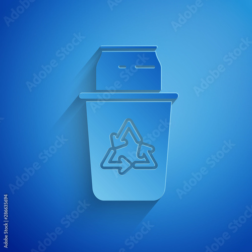 Paper cut Recycle bin with recycle symbol and can icon isolated on blue background. Trash can icon. Garbage bin sign. Recycle basket sign. Paper art style. Vector Illustration