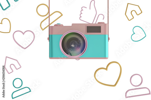 3d Rendering Colorful pastel camera isolated on white background 3D illustration.