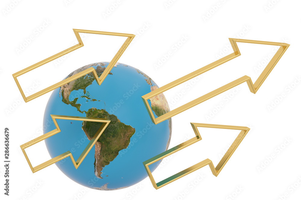 Globe with arrows isolated on white background. 3D illustration. Globe with arrows isolated on white background. 3D illustration.