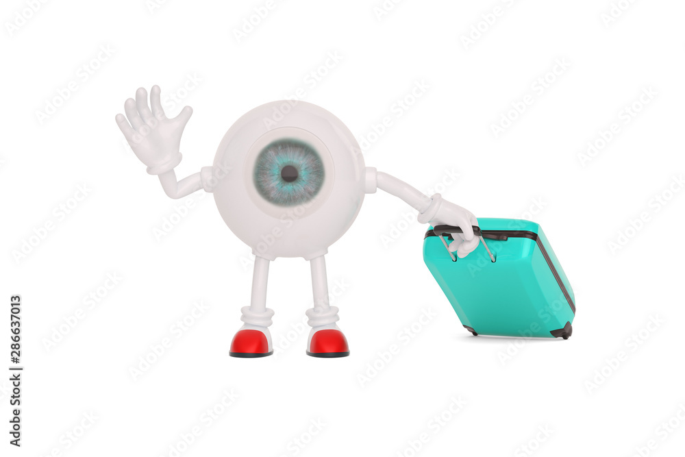 Travel concept eyeball cartoon character isolated on white background. 3D illustration. Travel concept eyeball cartoon character isolated on white background. 3D illustration.