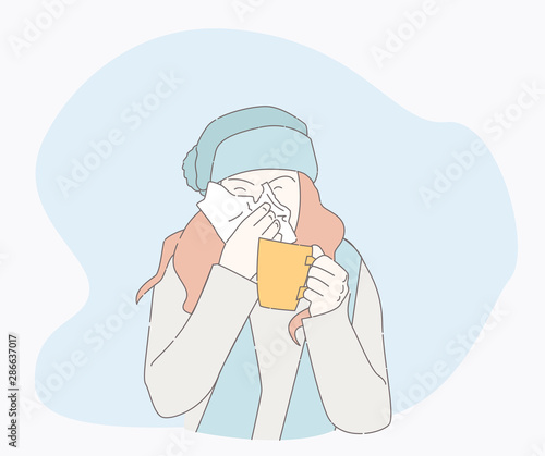 symptoms of a cold patient. hand drawn style vector design illustrations. runny nose character. Health And Pain. the girl is sick