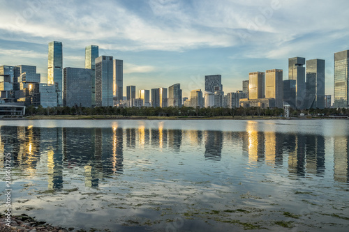 urban skyline and modern buildings at dusk  cityscape of China.