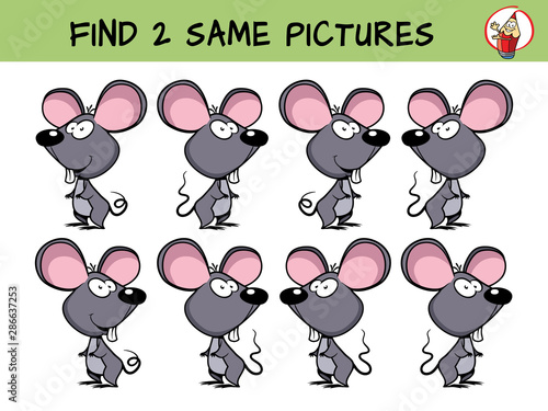 Funny little mouse. Find two same pictures. Educational game for children. Cartoon vector illustration