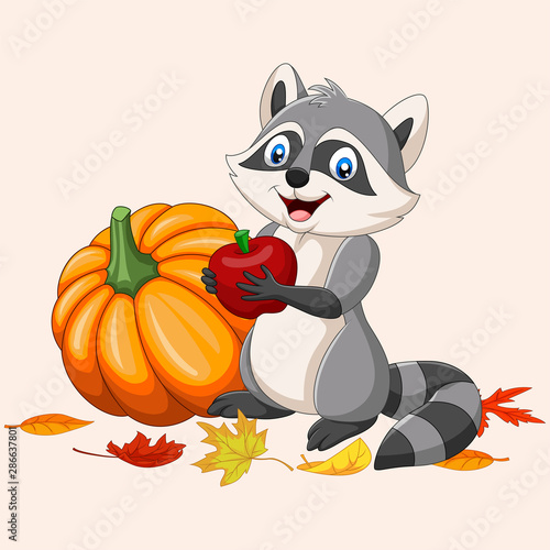 Cartoon raccoon holding red apple and pumpkin