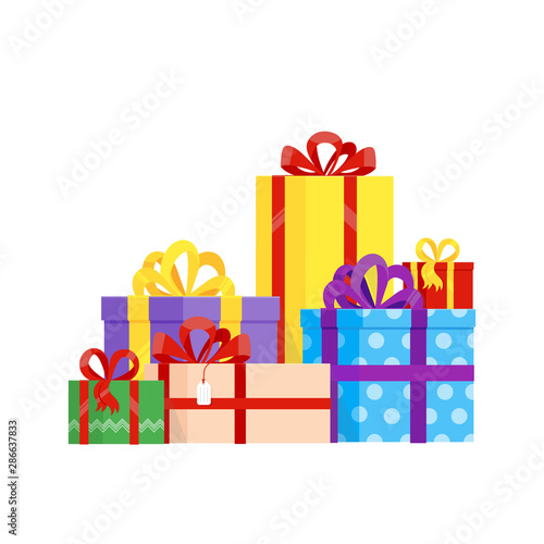 Pile of present gift boxes. A lot of gifts for holidays iflat style design vector illustration isolated on white background