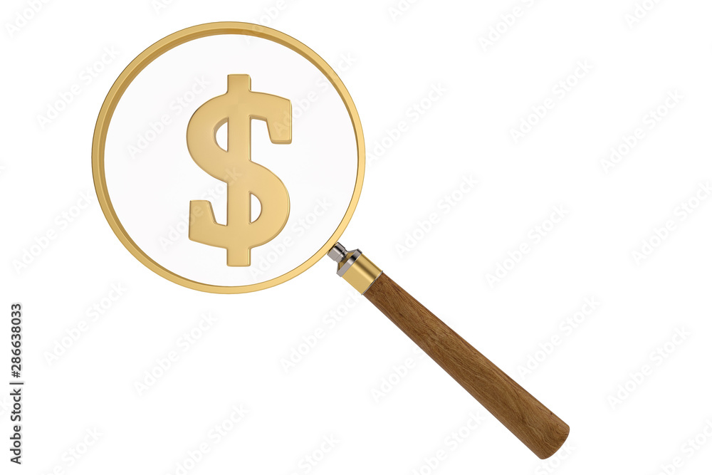 Magnifier and dollar sign isolated on white background, 3D illustration. Magnifier and dollar sign isolated on white background, 3D illustration.