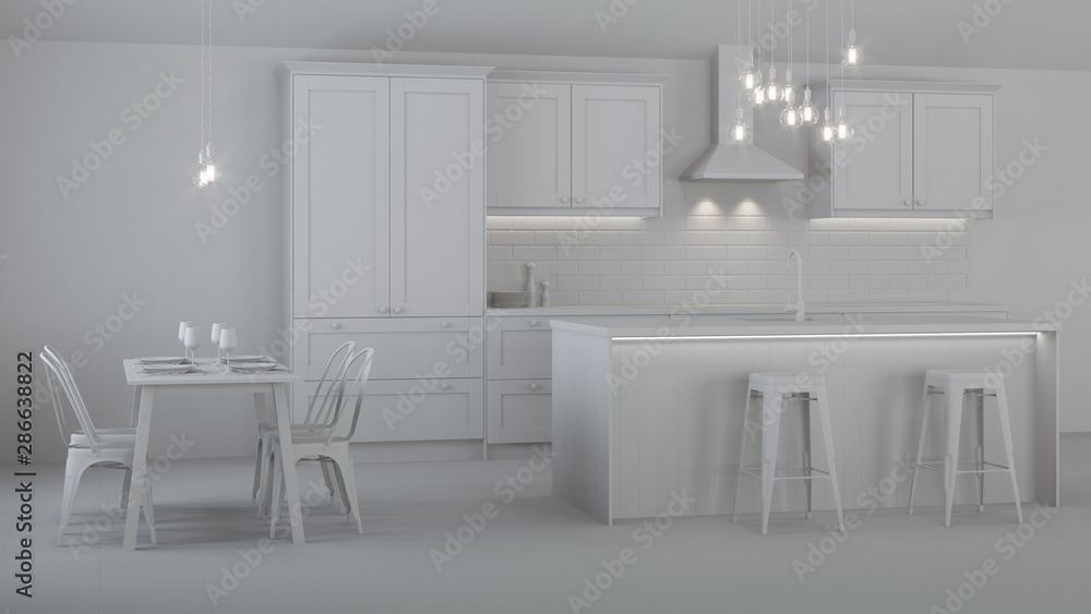 The interior of the kitchen in a private house. Gray interior. 3D rendering.