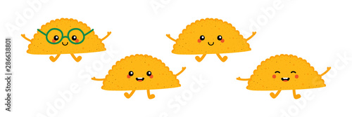 Set, collection of cute cartoon smiling chebureki, deep-fried pastry characters for food and recipe design.