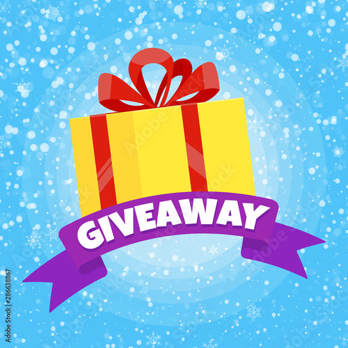 Giveaway winter gift concept for winners in social medias flat style design vector illustration. Internet give away poster for bloggers prize announcement random quizes flyer leflet on snow background