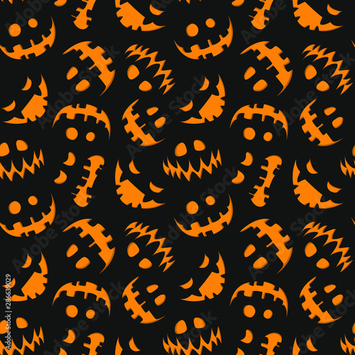 Seamless halloween pattern. Scary halloween pumpkins faces. Holiday design for greeting card, gify box, fabric, web design.