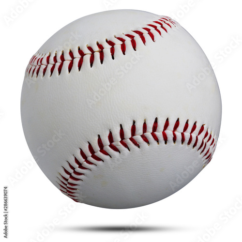 White leather baseball ball sewn rope red used to throw and hit with wood isolated on white background. This has clipping path. 