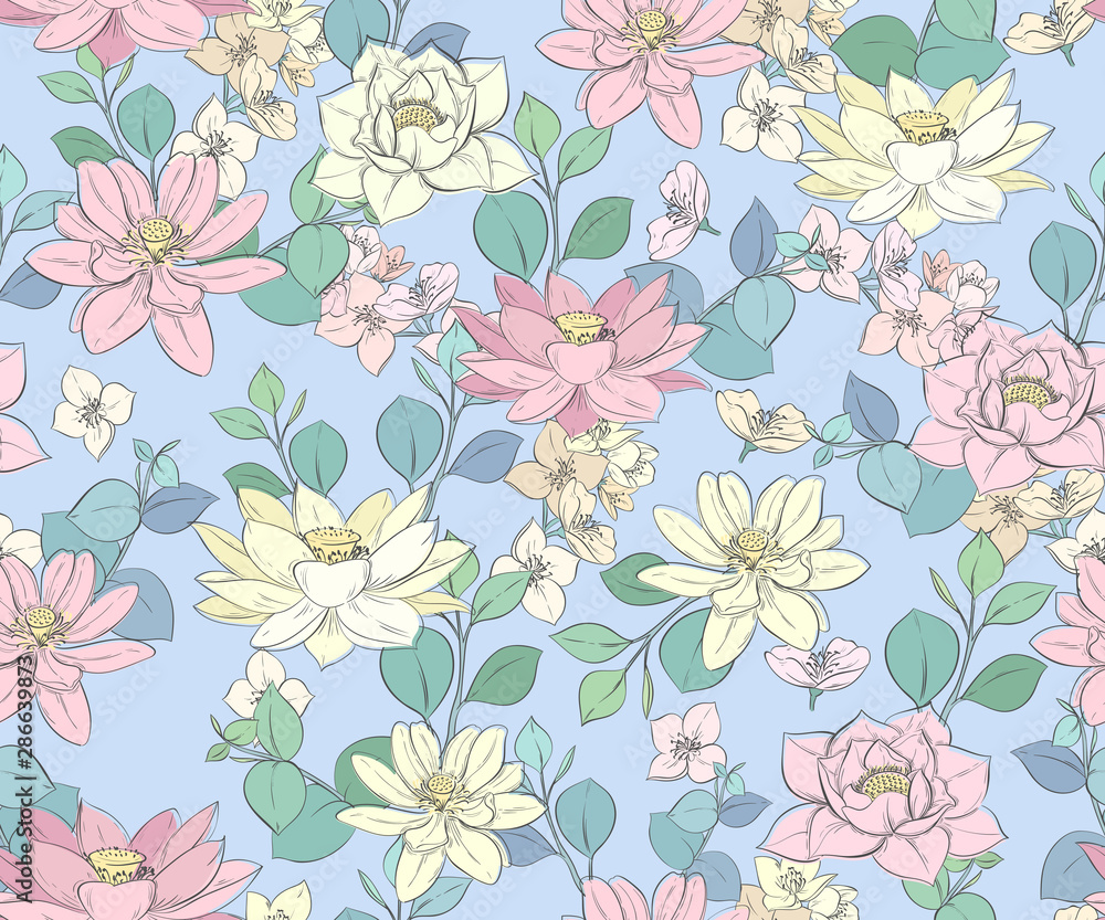 seamless pattern with lotuses and flowering branches seamless pattern with lotuses and flowering branches