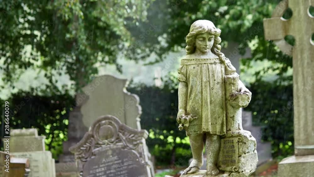 Angel girl stone grave headstone in rainy cemetery. Sad, mourning, sorrow remembrance figure. Angel girl stone grave headstone in rainy cemetery. Sad, mourning, sorrow remembrance figure.