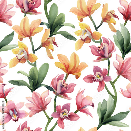 Seamless pattern of yellow  rose orchid flowers and tropical leaves on white background.