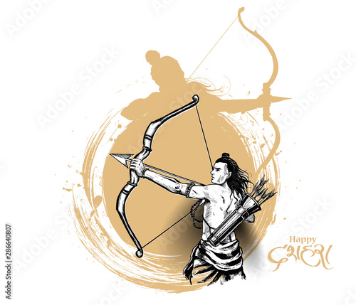 Lord Rama with arrow killing Ravana in Navratri festival of India poster with hindi text Dussehra, Vector illustration.