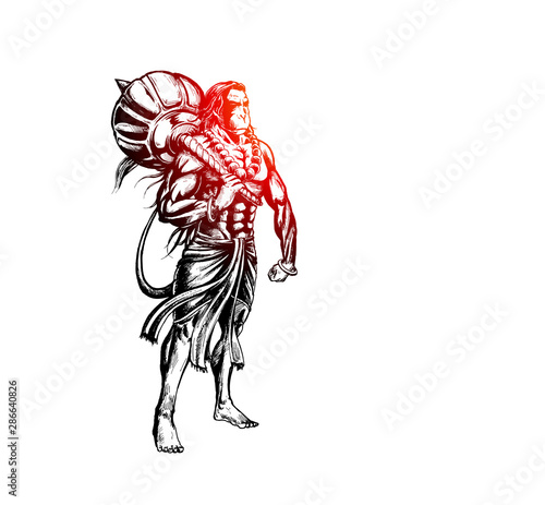 Schilderij op canvas Lord Hanuman for Hanuman Jayanti festival of India, Hand Draw Sketch Vector Illustration