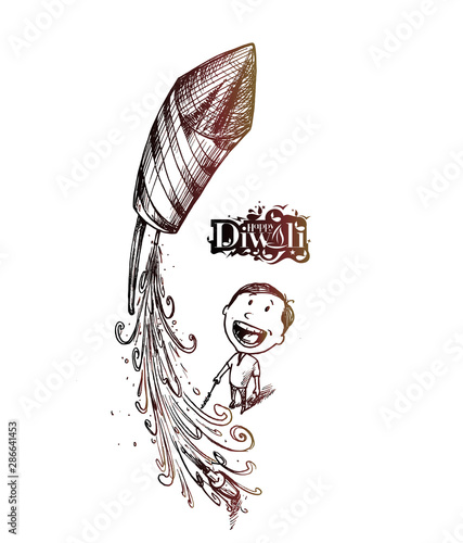Boy flying rocket - Indian festival diwali celebration.- Hand Drawn Sketch, Vector Background.