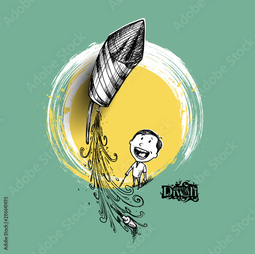 Boy flying rocket - Indian festival diwali celebration.- Hand Drawn Sketch, Vector Background.