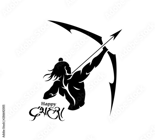 Lord Rama with arrow killing Ravana in Navratri festival of India poster with hindi text Dussehra, Vector illustration.