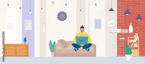 Freelancer Working on Laptop at Home Flat Vector