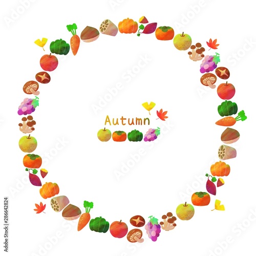 秋のフレーム（丸枠） 秋野菜 フルーツ 紅葉 水彩風