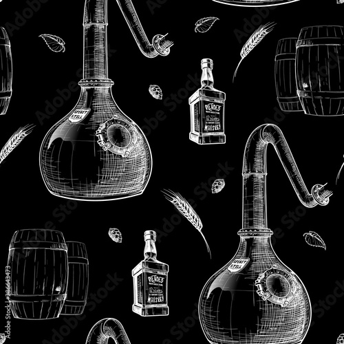 Copper Still - a pot for spirits distillation with barely ears and bottles. Black and white drawing imitating chalk on a blackboard. Seamless pattern. EPS10 vector illustration.