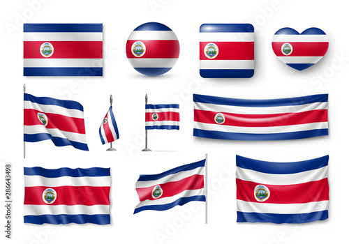 Various flags of Costa Rica independent country. Realistic waving national flag on pole, table flag and different shapes badges. Patriotic Costa Rican rendering symbols isolated vector illustration.